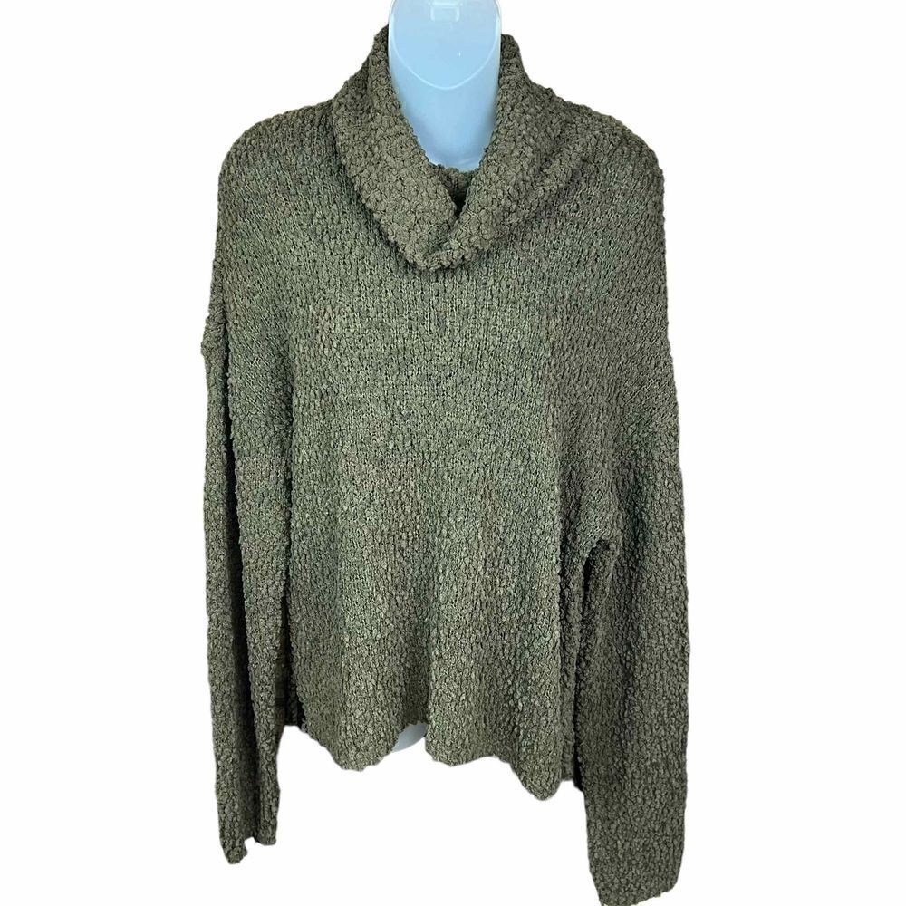 Bobeau Boucle Popcorn Knit Sweater Cowl Neck Olive Green High Low Hem Medium